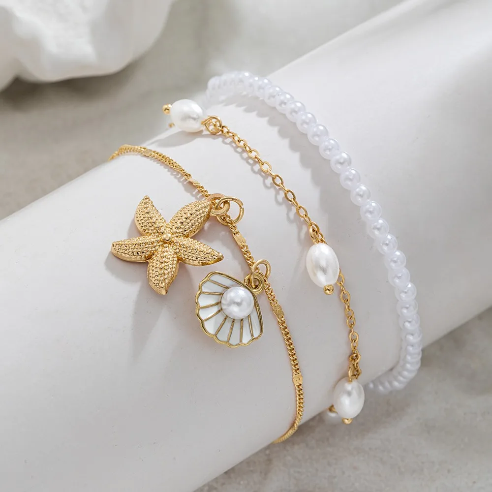 Multi-piece Set Fashion Bohemian White Mini Imitation Pearl Beaded Starfish Shell Anklets for Women Beach Stackable Jewelry Sets