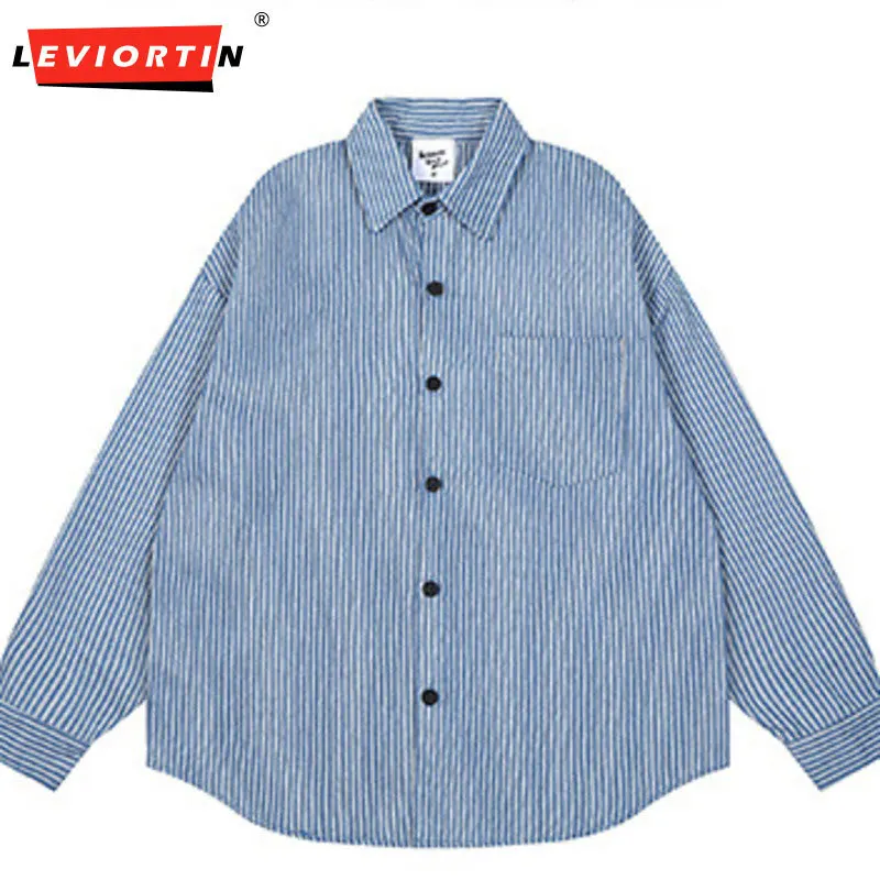 

Autumn washed denim striped shirt, men's and women's long sleeved casual versatile western-style shirt, commuter style top