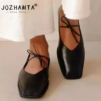 נעלי JOZHAMTA מידה 34-43 לנשים בסגנון וינטאג' מעור אמיתי עם רצועת קשירה, עקבים נמוכים 2025, נעליים קלאסיות עם קצה מרובע, נעלי לופרס קז'ואליות