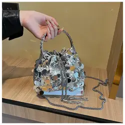 YYW Luxury Evening Bag Glitter Bling Sequins Handbags Purses Women Party Small Tote Bag Fashion Lady Bucket Bags Girls Wristlets