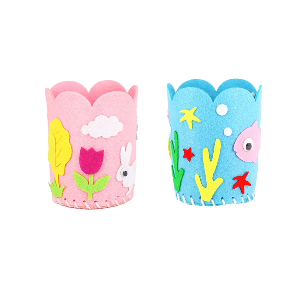 4개 DIY 펠트 펜 홀더 만화 연필 정리함 세트 어린이 수제 공예 키트 유치원 학습용