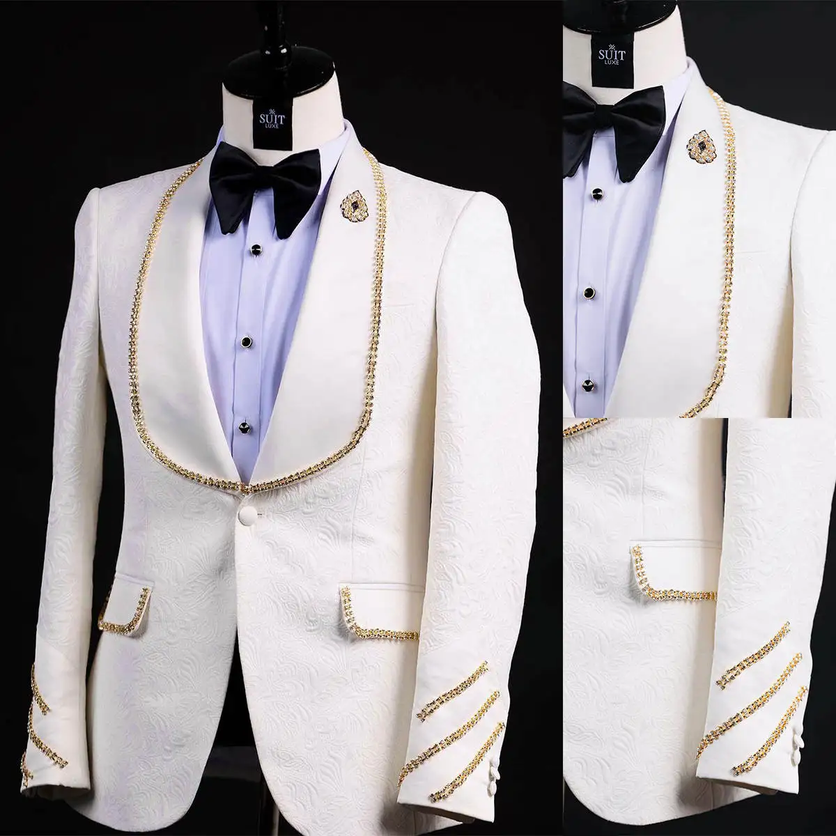 Ternos de casamento masculinos de luxo, xale, lapela, único breasted, strass, smoking, festa do noivo, 2 peças, blazer, calças, terno personalizado