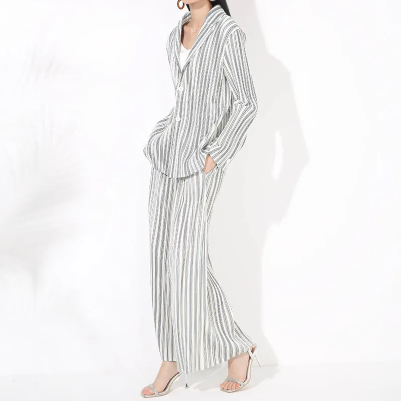 YFPF Casual Pleated Striped Women 2 Piece Set Long Sleeve Button Shirt + Wide Leg Trousers Fashion 2025 New Clothing 3A377