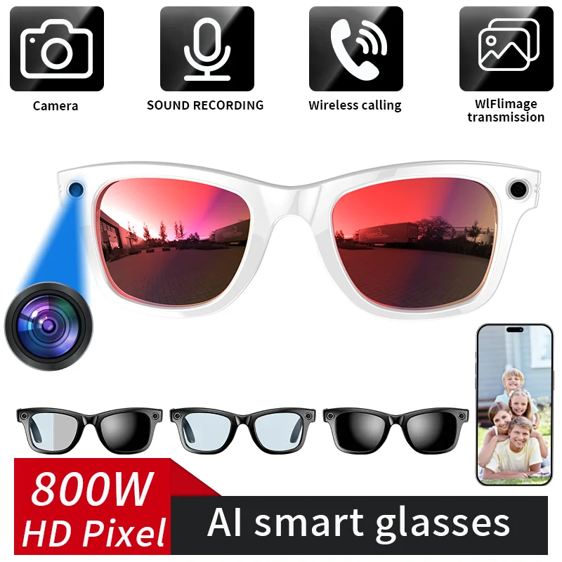 

LIGE Smart Glasses 800W HD Camera Video Sunglasses Bluetooth Call Voice Assistant Music Player AI Translate Photochromic Lenses