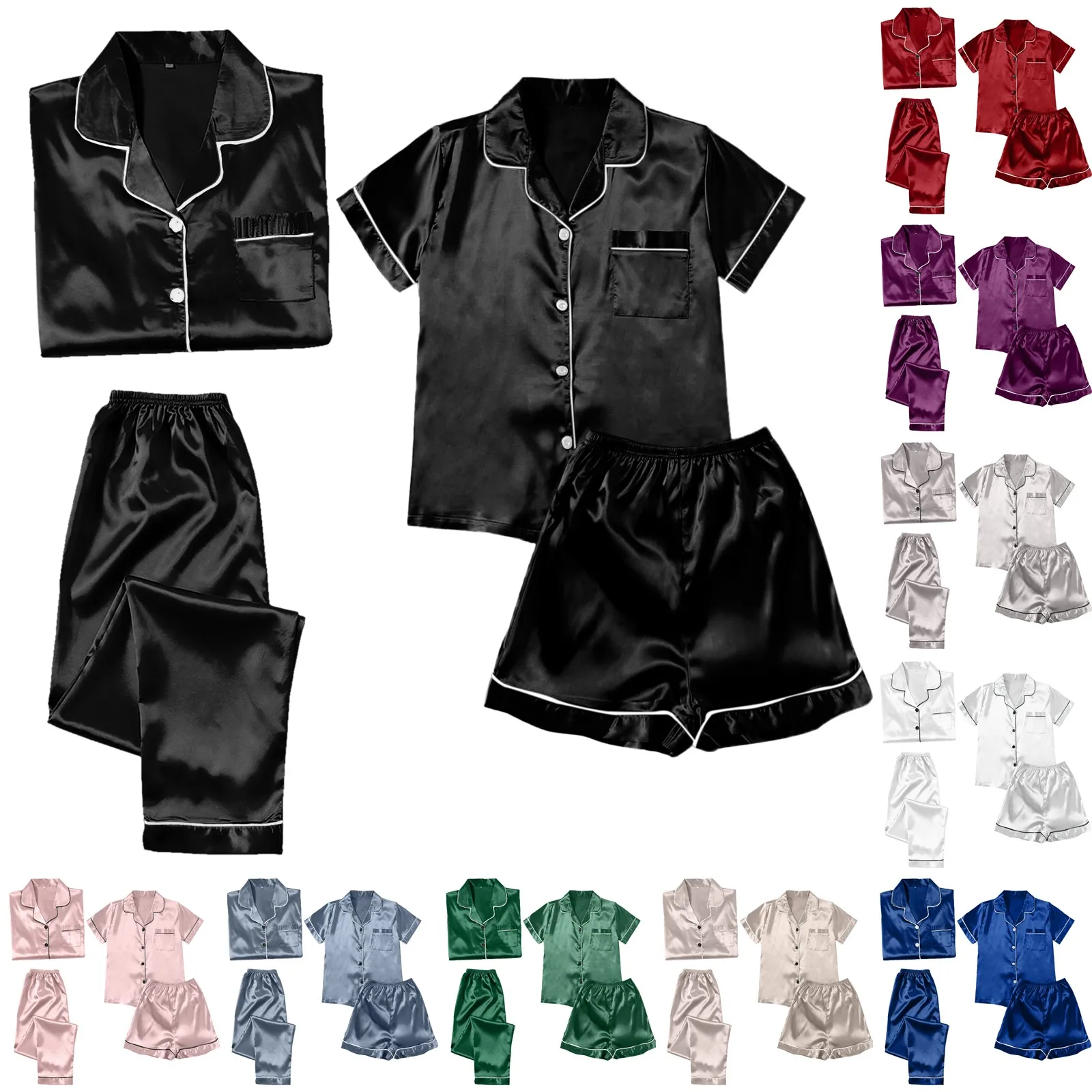 Conjuntos de pijamas de 4 piezas para mujer, ropa de hogar de talla grande suave y sedoso de satén, ropa de descanso, conjuntos de pijamas de manga larga para todas las estaciones