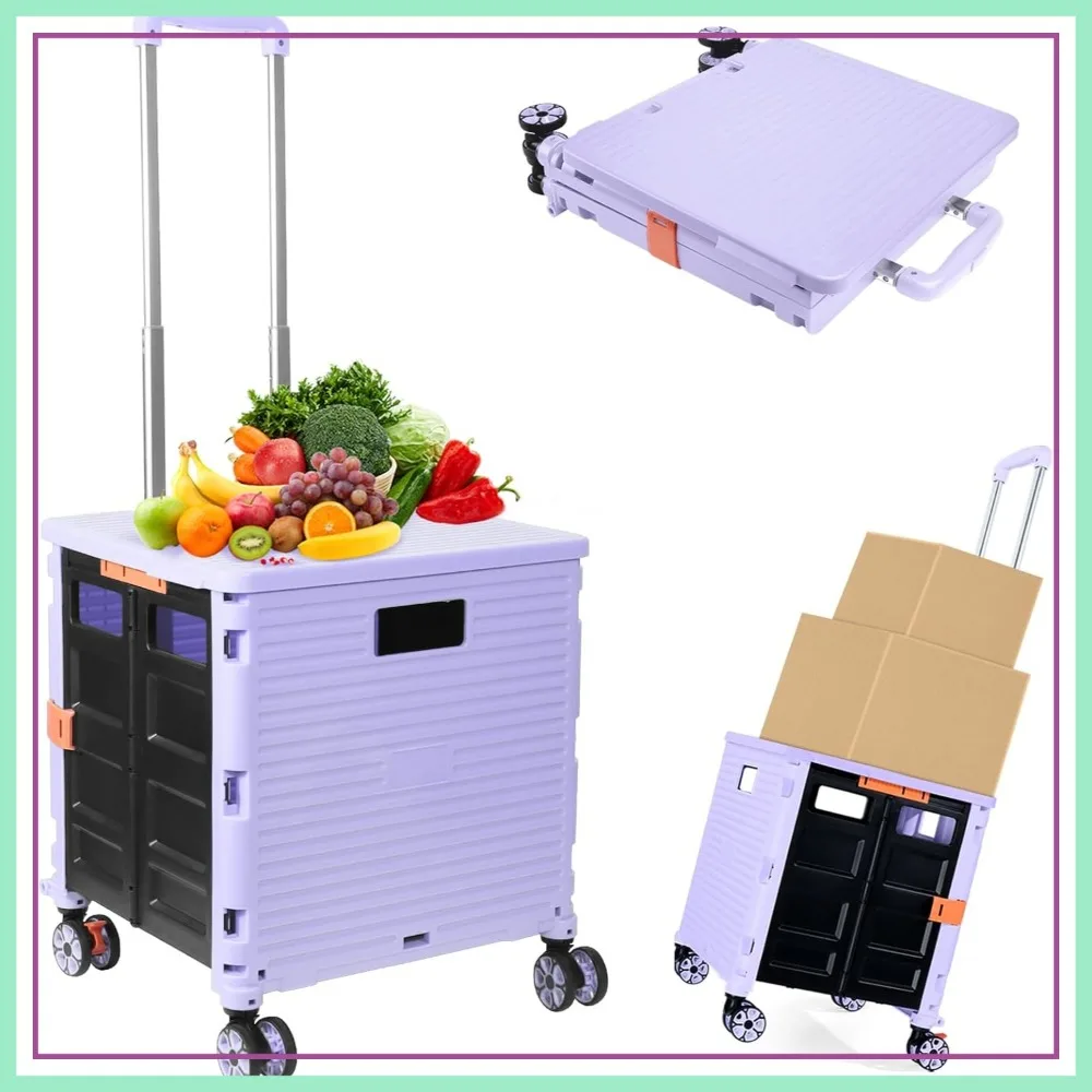 

Foldable Utility Cart, Folding Portable Rolling Crate Handcart Shopping Trolley with Lid, Wear-Resistant Noiseless 360° Rotate Wheel for Travel Shopping Moving Storage Office Use (Purple)
