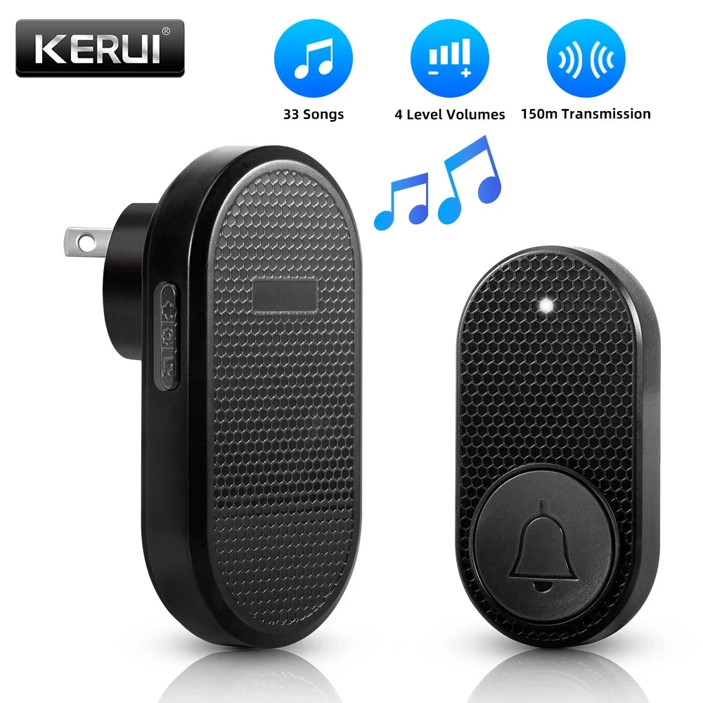 Campanello per porta wireless KERUI, set wireless per campanello con portata 150 m, campanello di benvenuto plug-in con 4 livelli di volume, 33 melodie