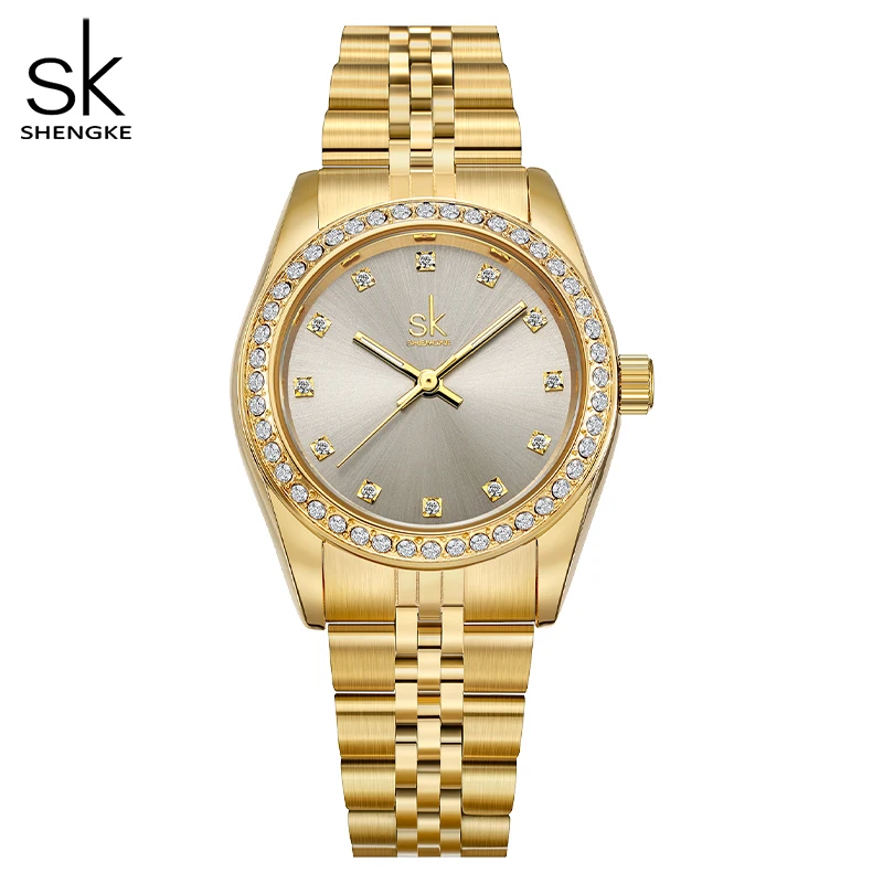 Shengke 2022 Neue frauen Uhr Luxus Edelstahl Armband Band Gold Strass Dekoration Präzise Quarz Relogio Feminino