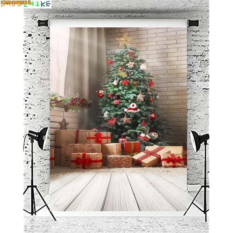 

Christmas Wooden Shelf Photography Backdrop Props Family Party Living Room Decor Teddy Bear New Year Holiday Background XM-04