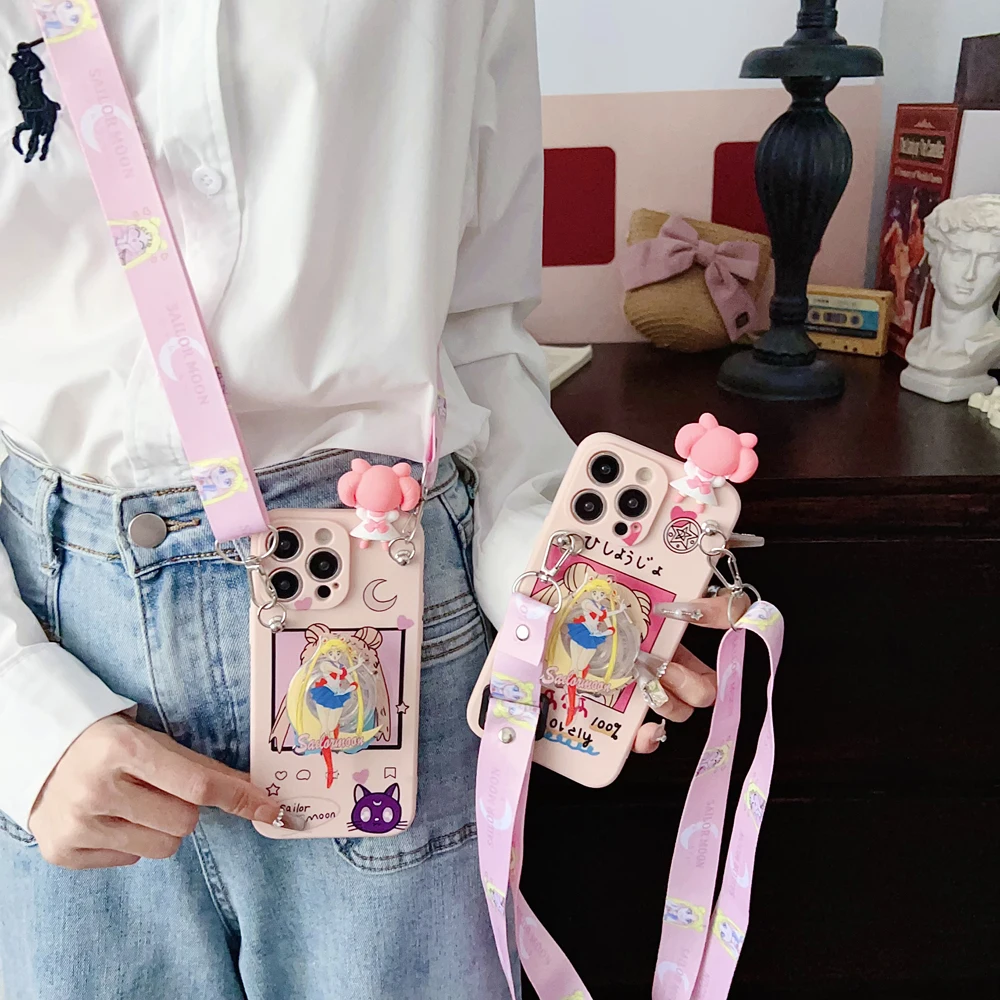 Dla Samsung Galaxy A12 A11 A71 A51 A52 A22 A02s A32 A13 A53 A03s A04s A20s A33 A73 A23 Pink Moon Case With Holder Rope