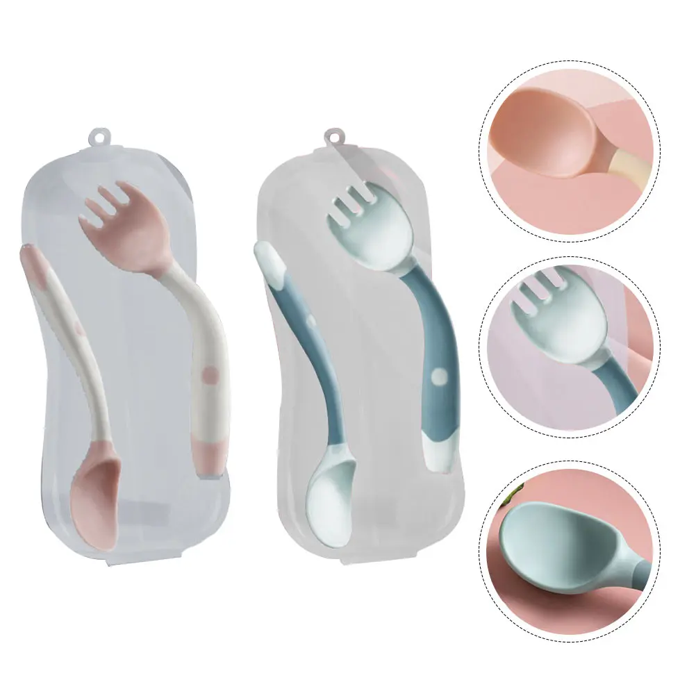 

2 set Elbow Spoon Bendable Training Fork Spoon Kit Soft Handle Child Tableware Safe Material Curved for Toddler