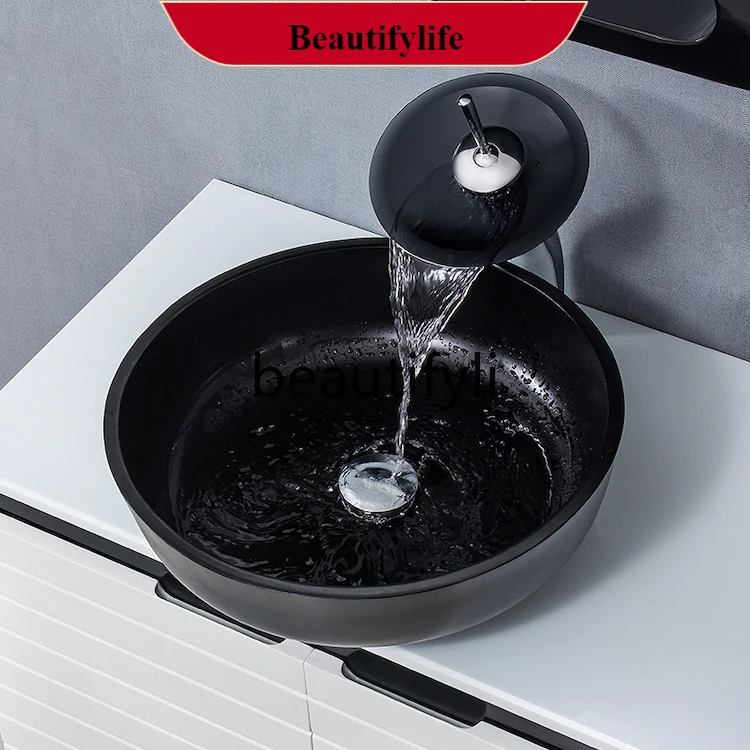 

B185 Nordic bathroom tempered glass wash basin modern simple stage basin art washbasin household pure black