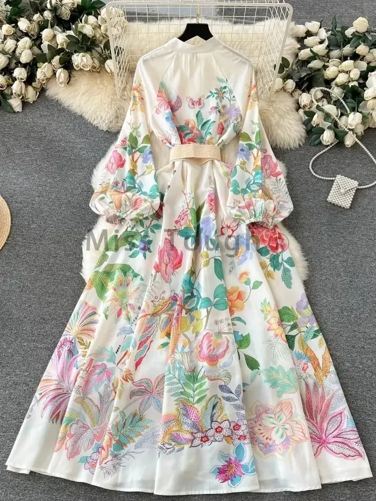 French Elegant Linen Floral Holiday Robe Dress Women Spring Summer Stand Long Lantern Sleeve Sashes Vestidos Flral Print Clothes