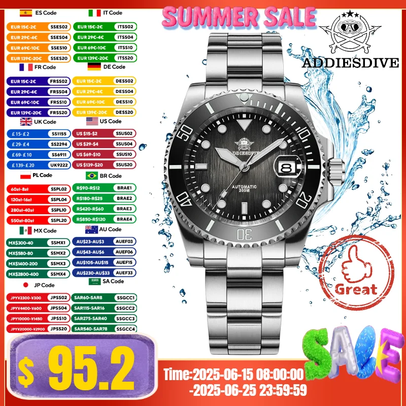 

ADDIESDIVE 41MM AD2078 Men Mechanical Watches Reloj Sapphire Glass 200M Diving BGW9 Super Luminous Japan NH35A Automatic Watch