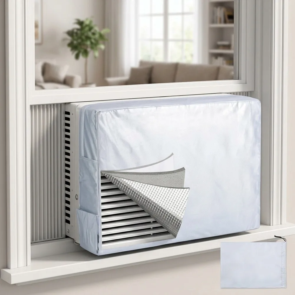 Insulated Indoor AC Cover With Storage Pockets - Waterproof Draft Blocker For Window Air Conditioner, Winter Protection