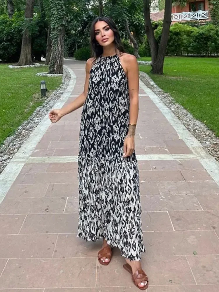 ZABA Women Elegant Splicing Strapless Sleeveless Loose A-Line Midi Dress Casual Beach Holiday Hanging Neck A-Line Dresses