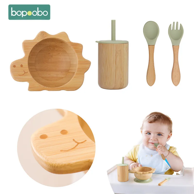 

Bopoobo 5Pcs/Set Children's Tableware Baby Bowl Plate Fork Spoon Cup Suction Feeding Food Bamboo Tableware BPA Free Non-Slip