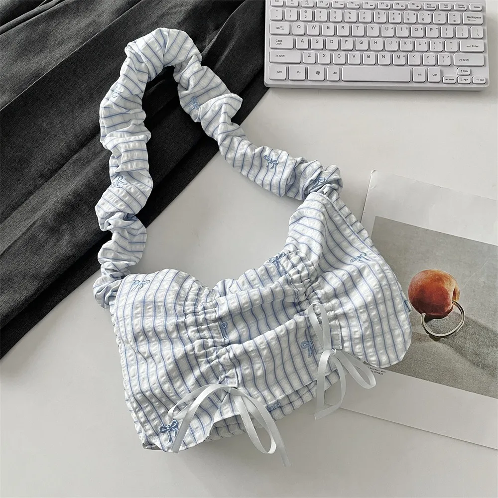 

Милая плиссированная сумка через плечо с вышивкой, полосатая сумка-тоут с бантом и бантом, нейлоновая сумка в пасторальном стиле, свежая кружевная сумка для девочек