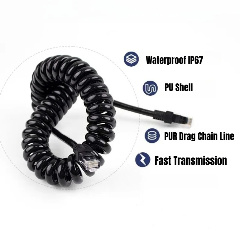 IP67 M12 To RJ45 Coiled Ethernet Cable PUR Male Female 4Pin 8 Pin X-type Waterproof Shielded Spring Network Cable for Industrial