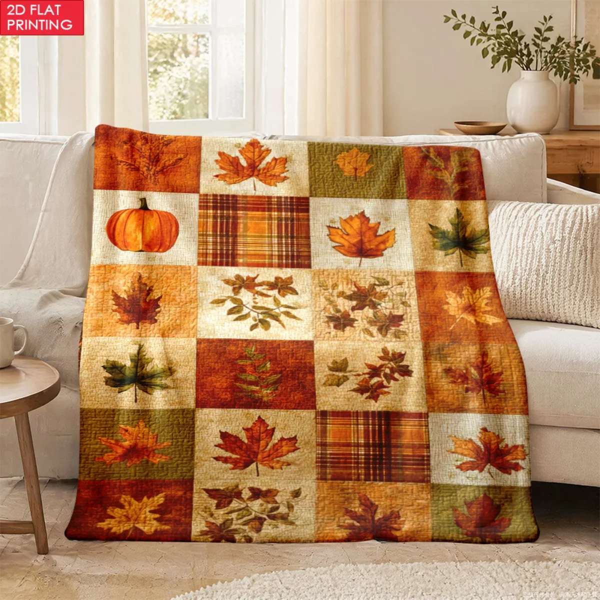 280gsm,1pc Fall Leaves Pumpkin Plaid Cozy Flannel Blanket - Breathable and Soft Great for Sofa and Camping Great for Loved Ones