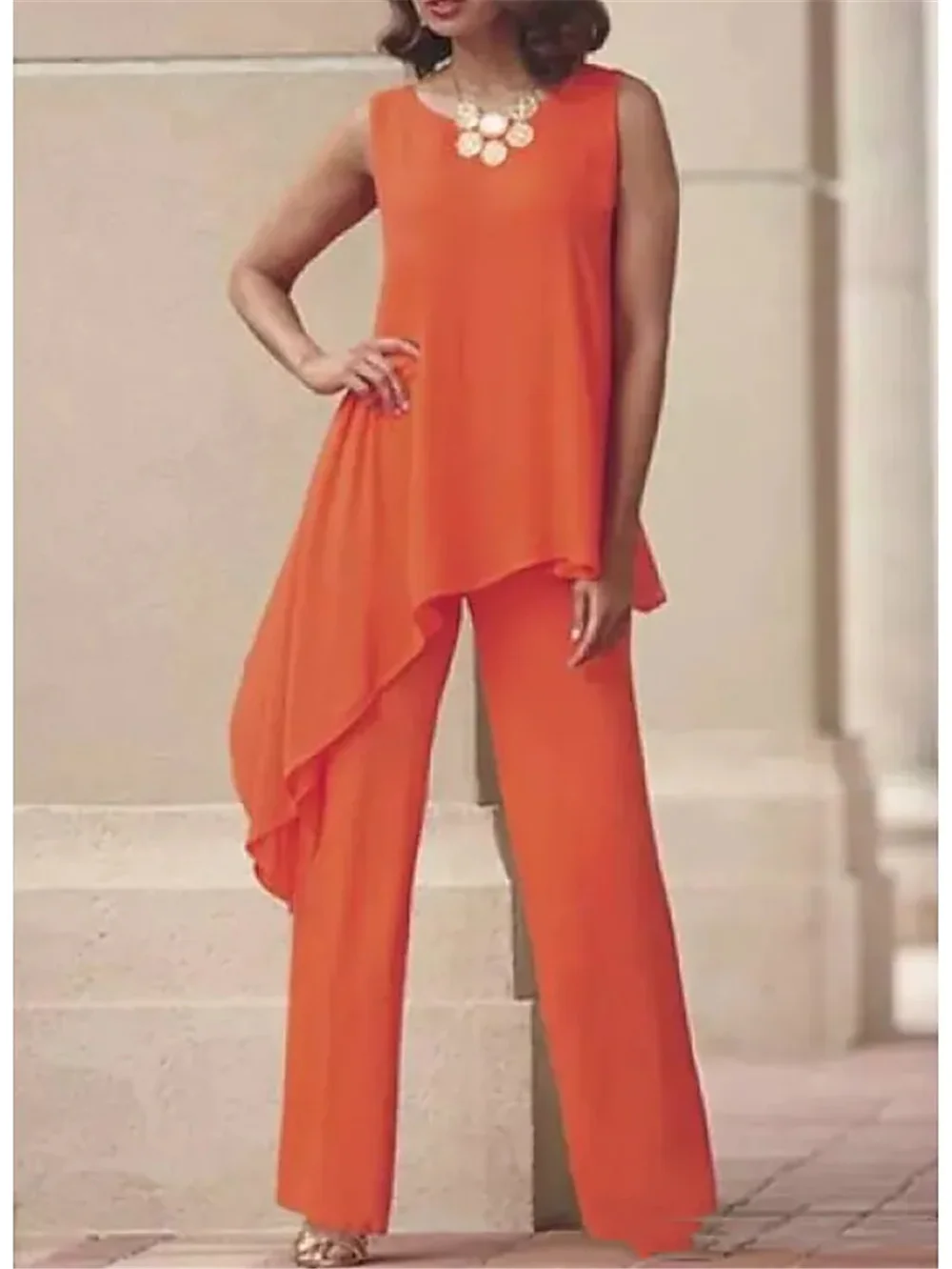 

Pantsuit / Jumpsuit Mother of the Bride Dress Elegant Jewel Neck Floor Length Chiffon Sleeveless with Pleats