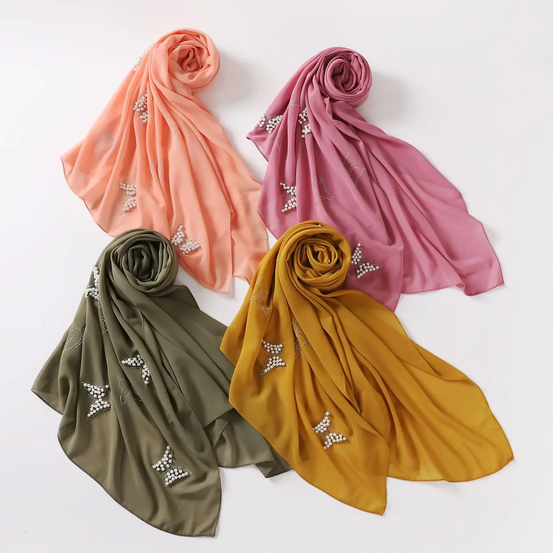 170*70cm feminino hijabs estilo muçulmano monocromático pérola chiffon passado diamante borboleta grânulo cachecol lenço