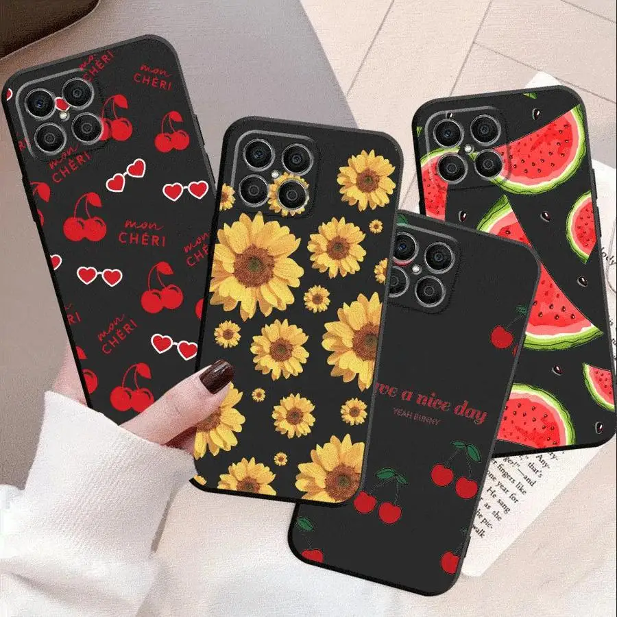 Summer Pink Cherry Case For Honor X8a X8 90 X9a 8X 70 X9 X6 Magic5 Pro P40 Pro Black Soft Phone Funda