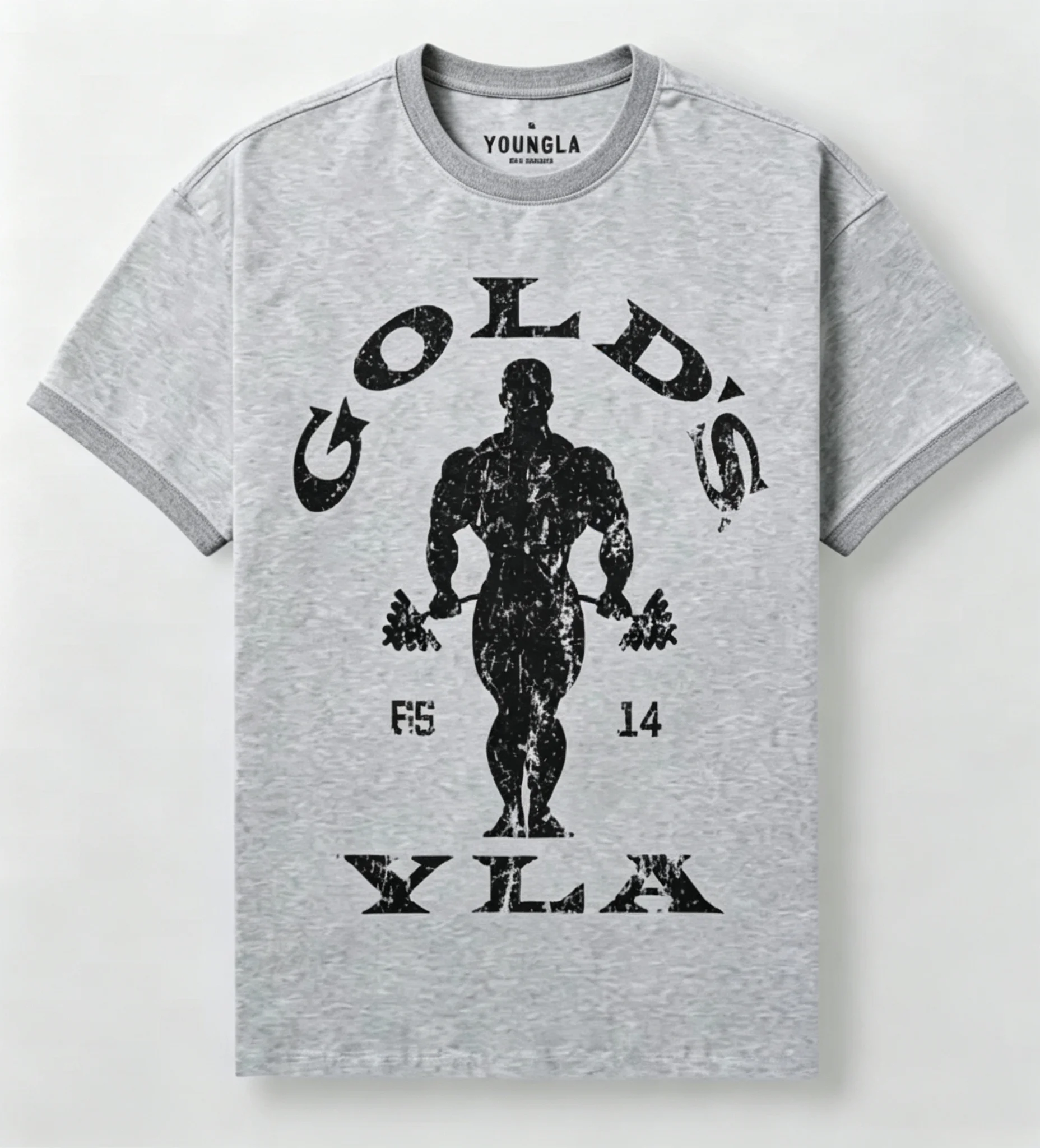 2026 Vintage Distressed Bodybuilder Silhouette Ringer Crew Neck Short Sleeve T-Shirt, Kids Adults Gym Workout Street Tee