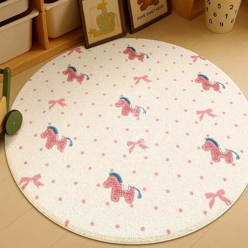 VIKAMA Non-slip Kawaii Pink Pony Round Rug Soft Blue Check Border for Kids Bedroom Decor