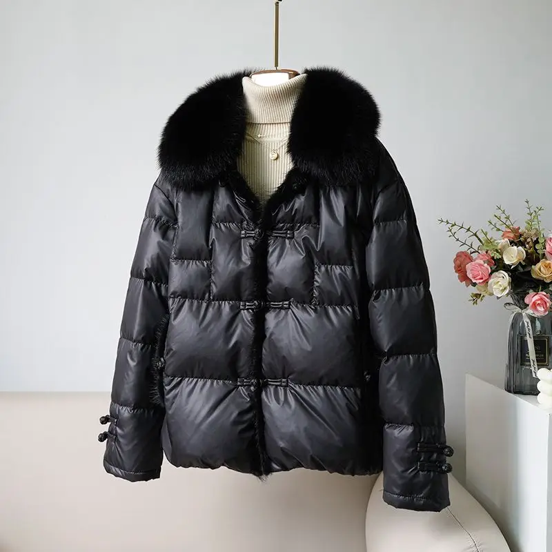 Winter New Fox Hair Collar Mink Hair Splice Vintage Chinese Style Pan Button White Duck Down Down Coat Jacket Women