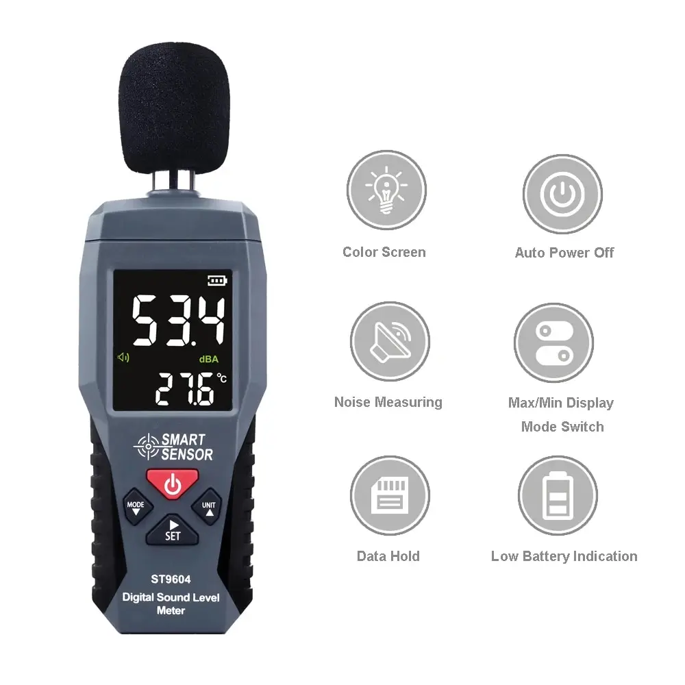 SMART SENSOR Digital Sound Level Meter 30-130 DB Decibel Meter LCD Backlight Sonometer Noise Meter With Thermometer Function