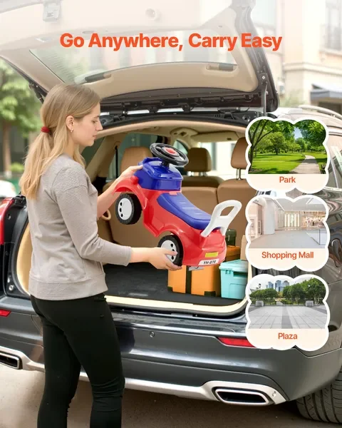 รถเข็นเด็กแบบมีที่นั่ง รุ่น Ride On พร้อมดนตรีและที่เก็บของ รับน้ำหนักได้ 55 ปอนด์ สีแดง สำหรับเด็กอายุ 19-36 เดือน