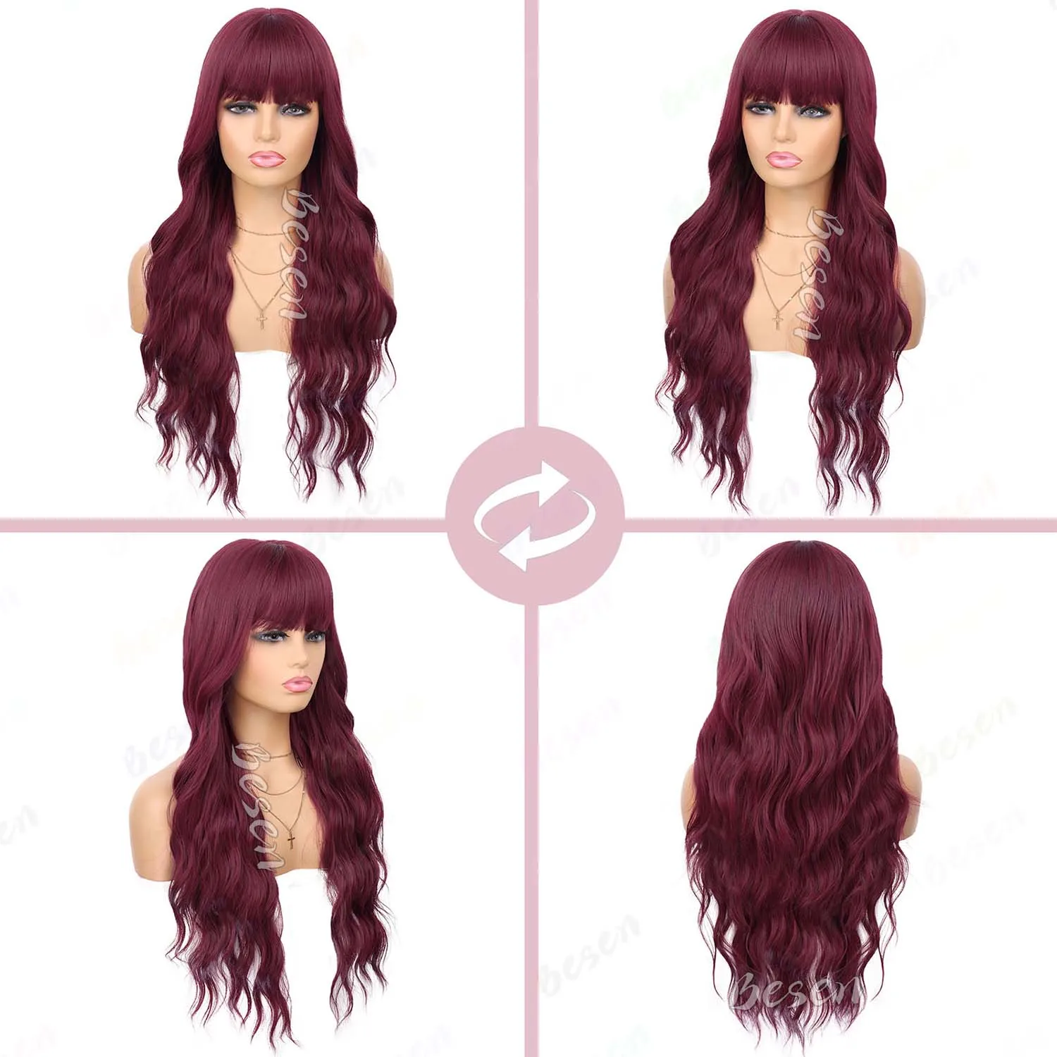 باروكة صناعية بلون النبيذ الأحمر مع شعر طويل مجعد وغرة للاستخدام اليومي في الحفلات. مصنوعة من ألياف تتحمل درجات الحرارة العالية، شعر مستعار متعدد الألوان #2