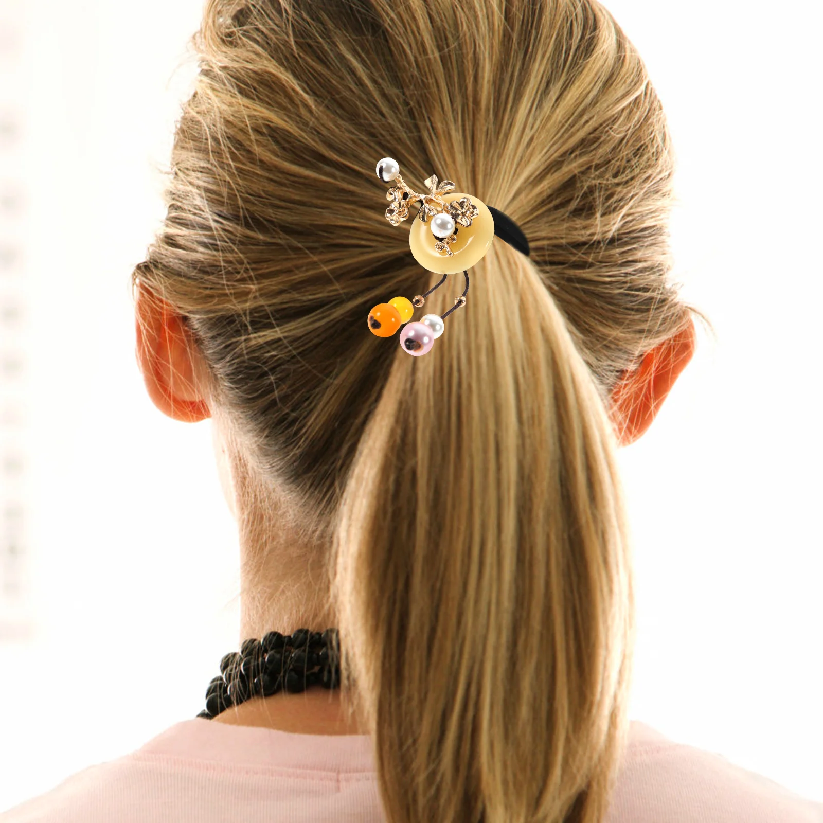 

1Pcs Ancient Style Hair Tie Elastic Hair Loop for Wedding Banquet Stage Performance Yellow Chalcedony Copper Flower Pearl Hanfu