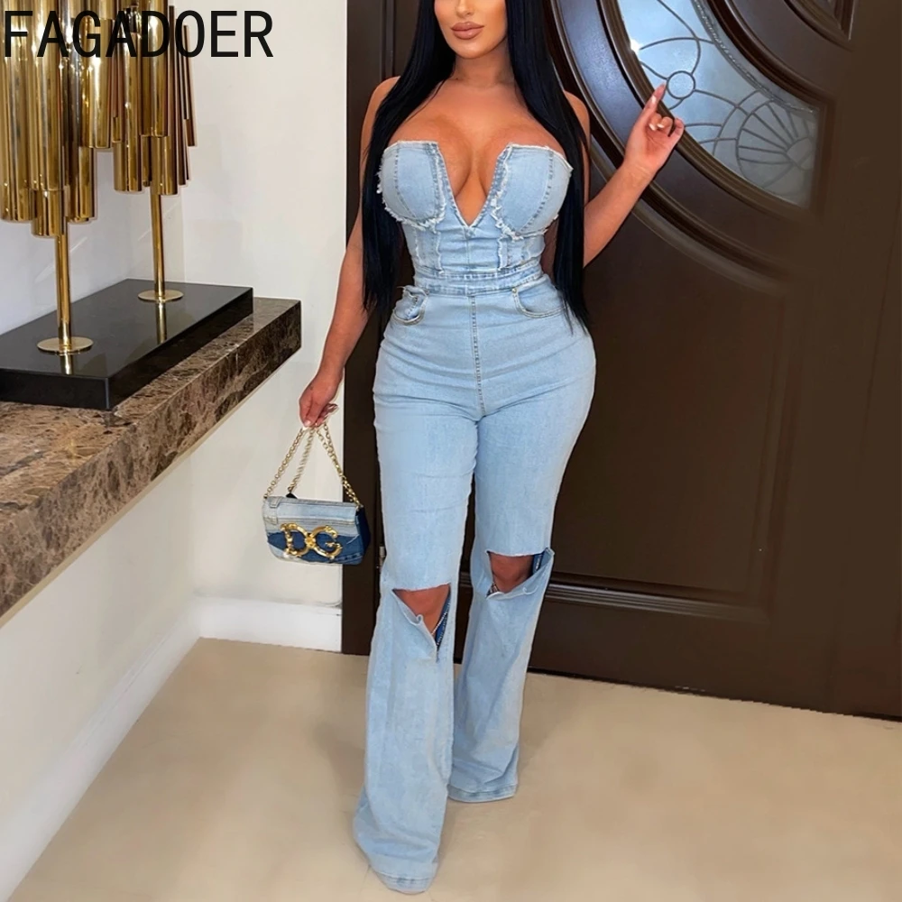 

FAGADOER Blue Sexy V Neck Denim Jumpsuits Women Off Shoulder Bodycon Wide Leg Pants One Piece Playsuit Casual Solid Hole Overall