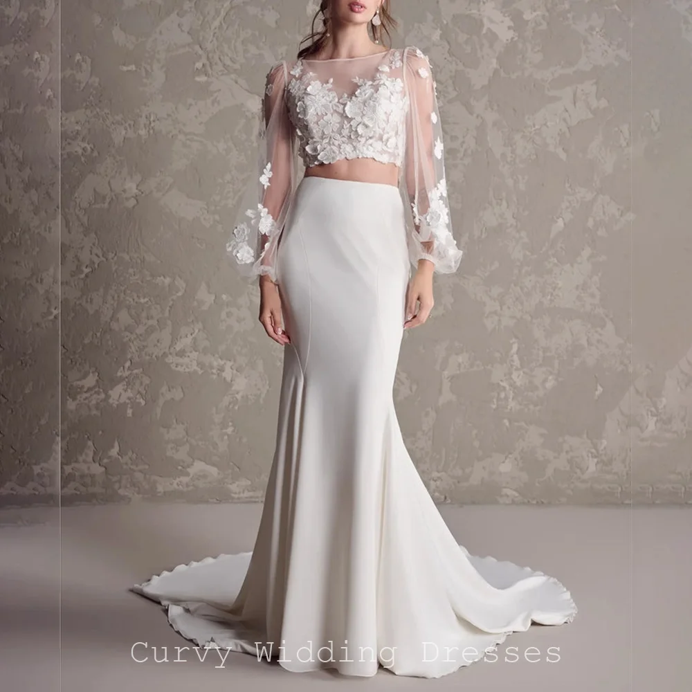 Vestido de Novia de Lujo Curvy de Dos Piezas con Apliques Florales, Manga Larga de Ilusión, Satén, Estilo Sirena para Mujer, con Lazo en la Espalda, Personalizado