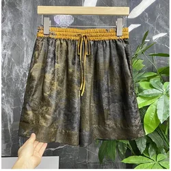 Korean Fashion Summer Women's Printing Elastic Waist Drawstring Pockets Jacquard Weave Casual Versatile Loose Wide Leg Shorts