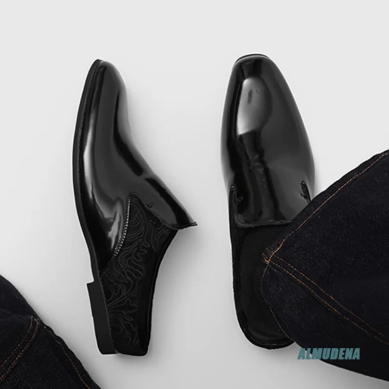 

Black Polished Leather Men's Mule Slippers Square Toe Slip-On Low Heel Urban Outdoor Minimalist Streetwear Fashion Casual Shoes