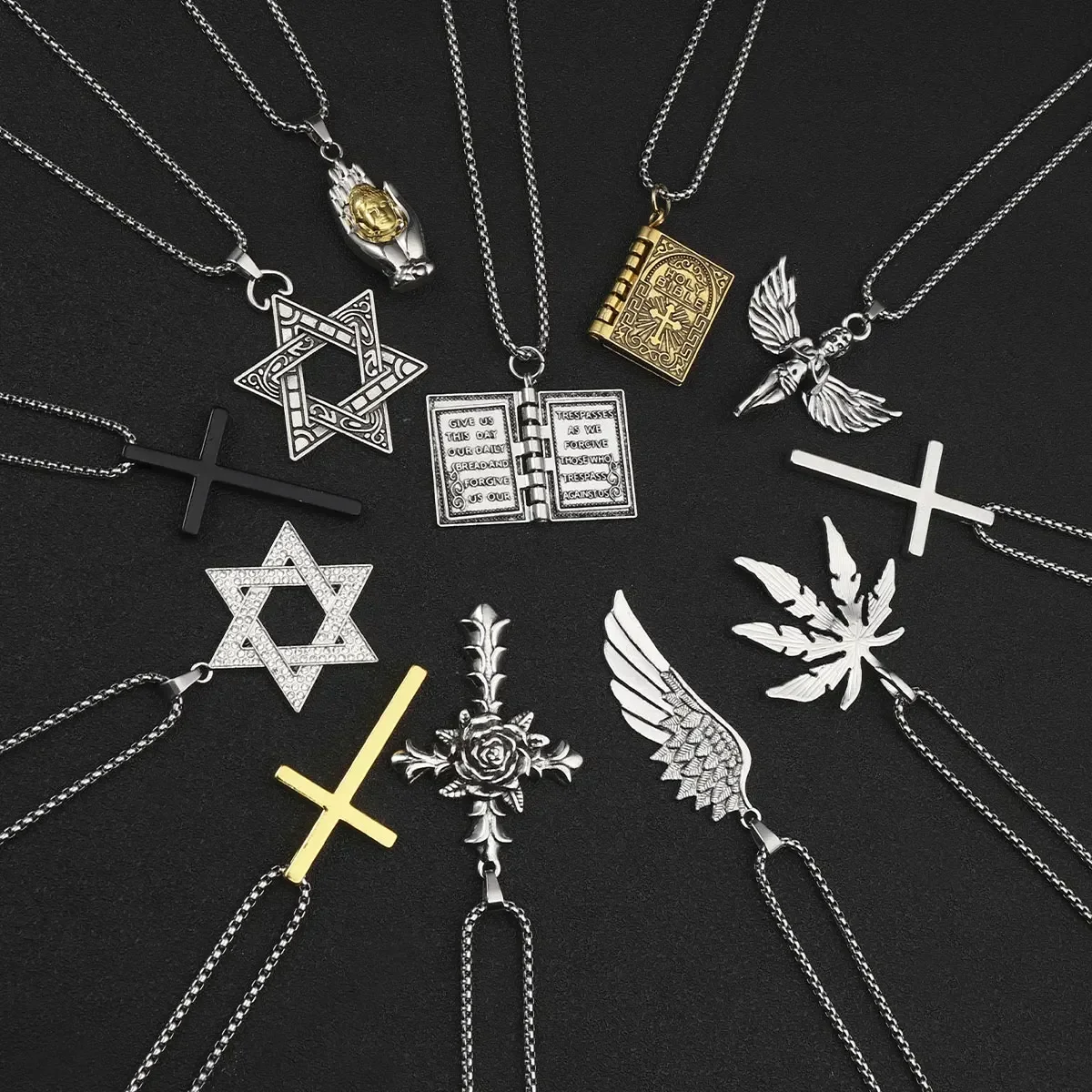 Angel Star of David Religious Stainless Steel Chain Screw Man Necklace Never Fade Cross Holy Bible Street Hip Hop Male Jewelry