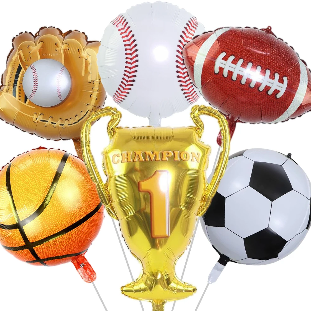 6pcs Sports Theme Balloon Boys Birthday Foil Balloon Soccer Rugby Baseball Champion Trophy Balloons Party Funny Supply Kids Toys