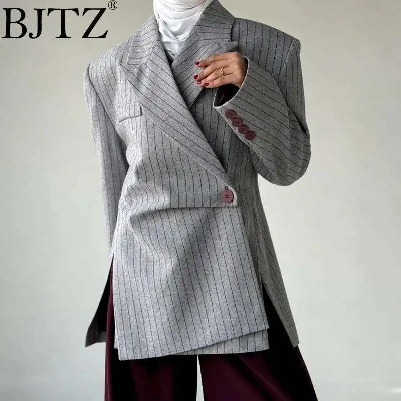 BJTZ All-in-one Simple Style Suit 2025 Spring New Irregular Design Grey Striped Suit Jacket For Women's Fashion Blazers Casual