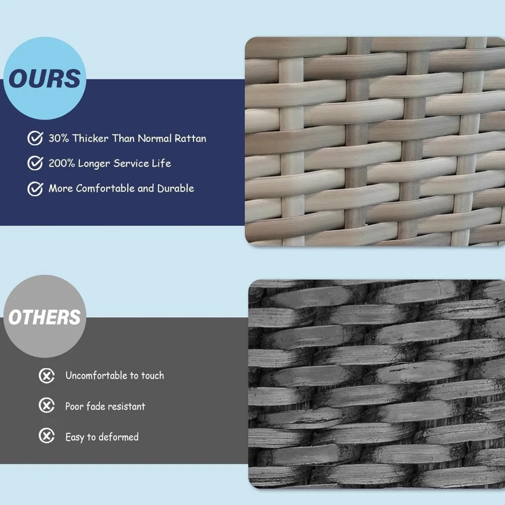 Outdoor Patio Furniture 7-Piece Set, Grey Rattan 6-Seater Conversation Set with Soft Grey Cushions, Includes Coffee Table for Ga