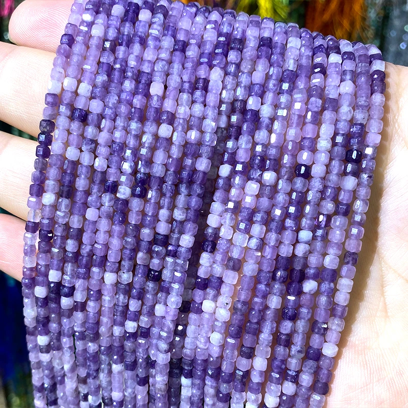 3MM Natural Faceted Stone Square Purple Lepidolite Loose Spacer Bead for Jewelry Making Diy Earrings Bracelet Charms Accessories