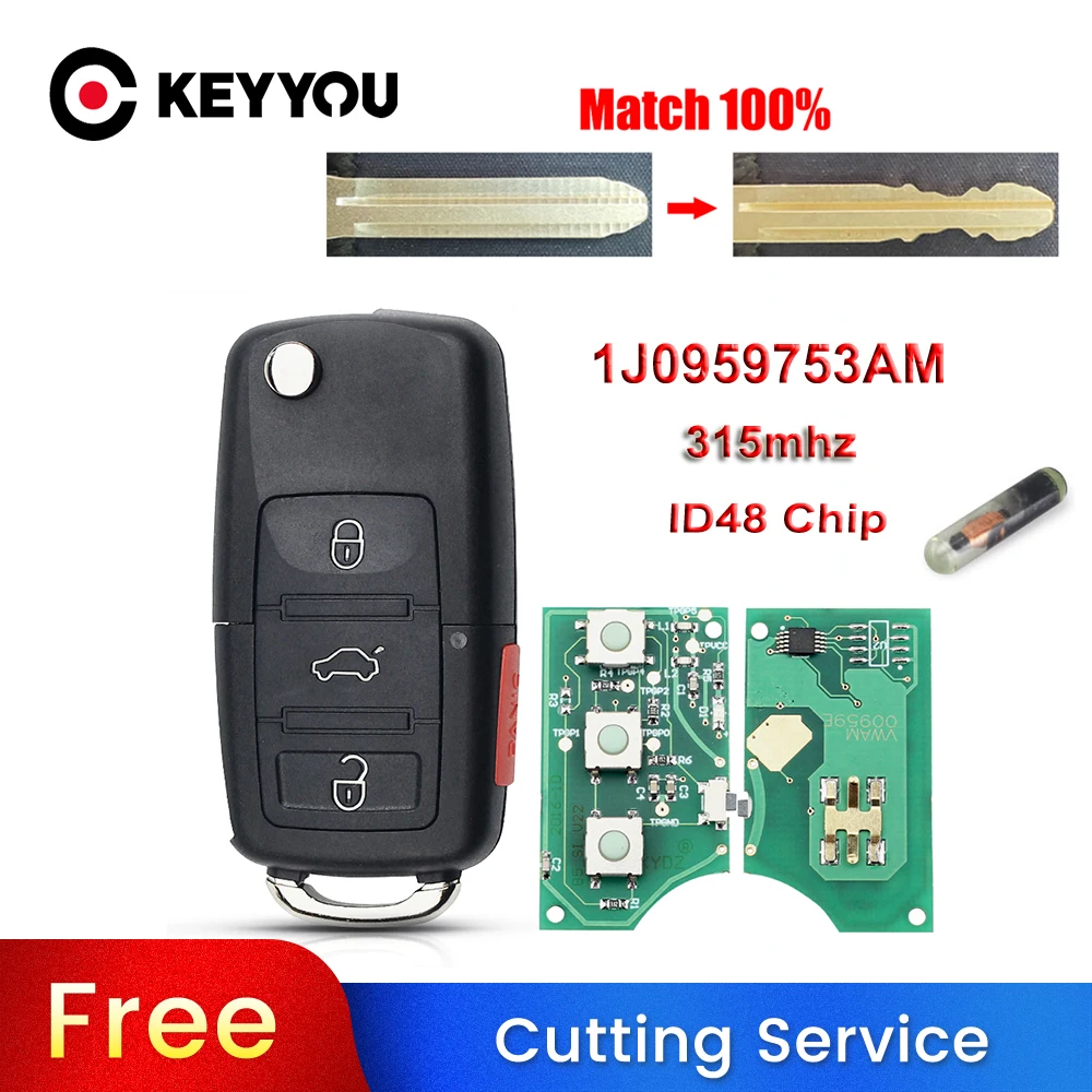 

KEYYOU With Cutting Service For VW Beetle Golf Passat Jetta Flip Key Car Remote Key Fob 315Mhz ID48 1J0959753AM 1J0959753DC