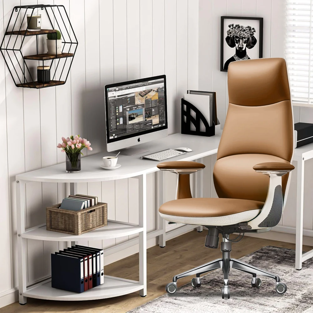 Ergonomic Genuine Leather Executive Office Chair Adjustable High Back Lumbar Support Metal Base 360 Flexible Wheels Brown FYOC