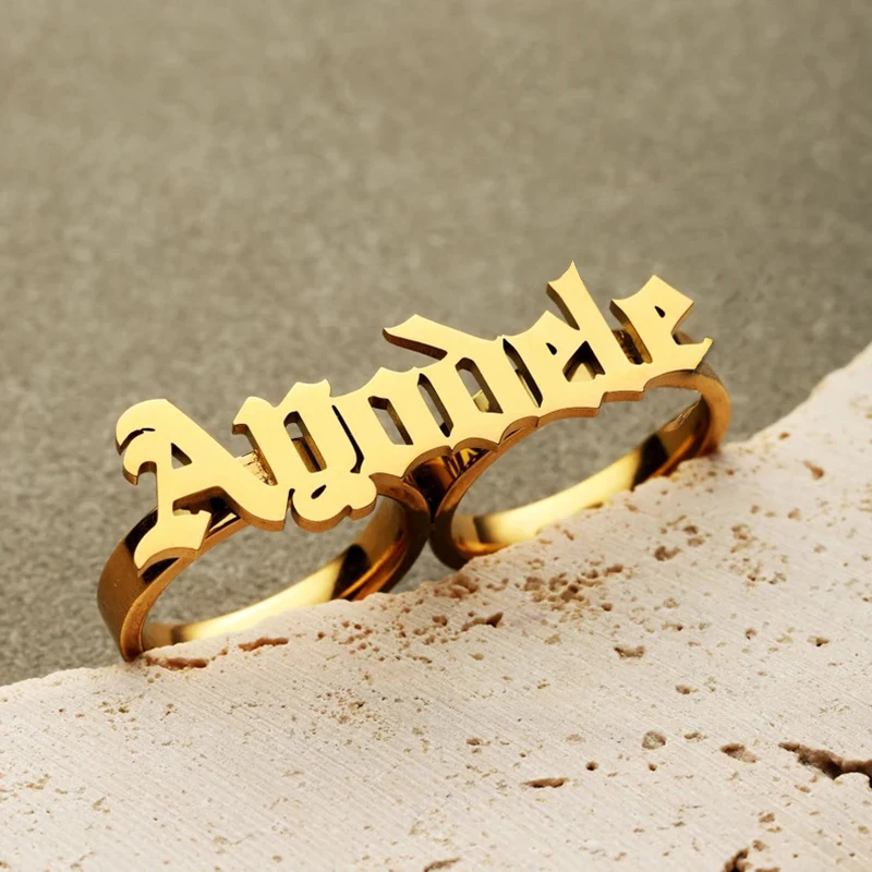 Stainless Steel Name Ring for Men Personalized Large 2 Finger Ring Knuckle Fashion Gold Double Finger Ring Women Couple Gift