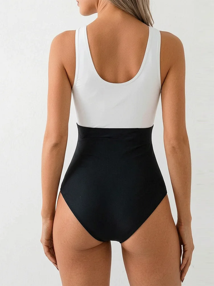 Swimwear Women 2026 One Piece Swimsuit Color Block Twist Front Tummy Control Scoop Back Beachwear Bathing Suit