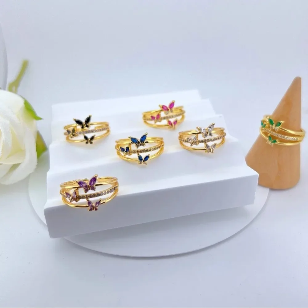 

1 Pcs Inlay Colorful Zircon Butterfly Opening Ring Copper Plating Gold Three Layers Hollow Finger Ring Elegant Jewelry for Women