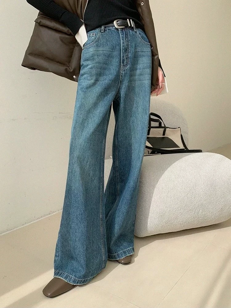 Women's Solid Color Wash Blue Micro Flared Baggy Jeans Cool Girl High Waisted Loose Pants Female Casual Wide Leg Denim Trousers