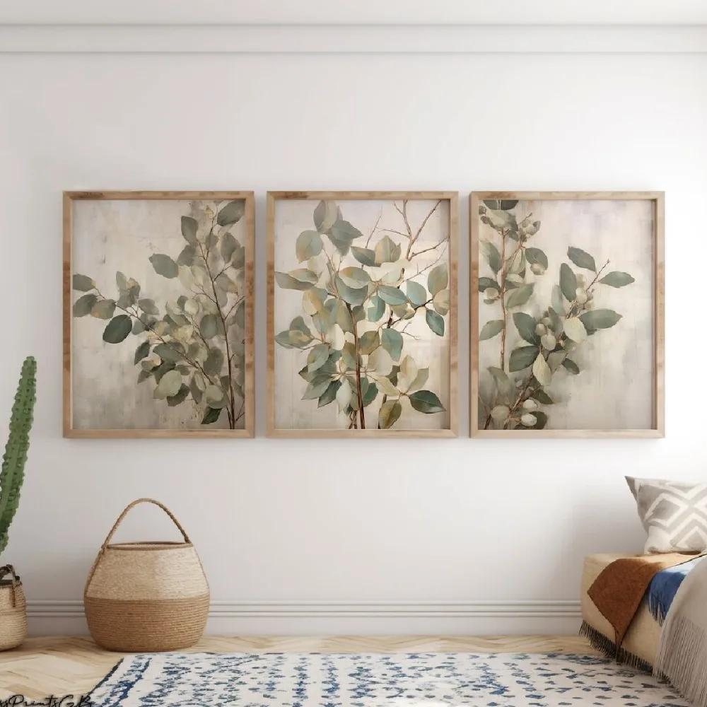 3pcs frameless Canvas Painting  Frameless Eucalyptus Wall Art,Minimalist Eucalyptus Branch Prints,Abstract Plant Posters for Bed